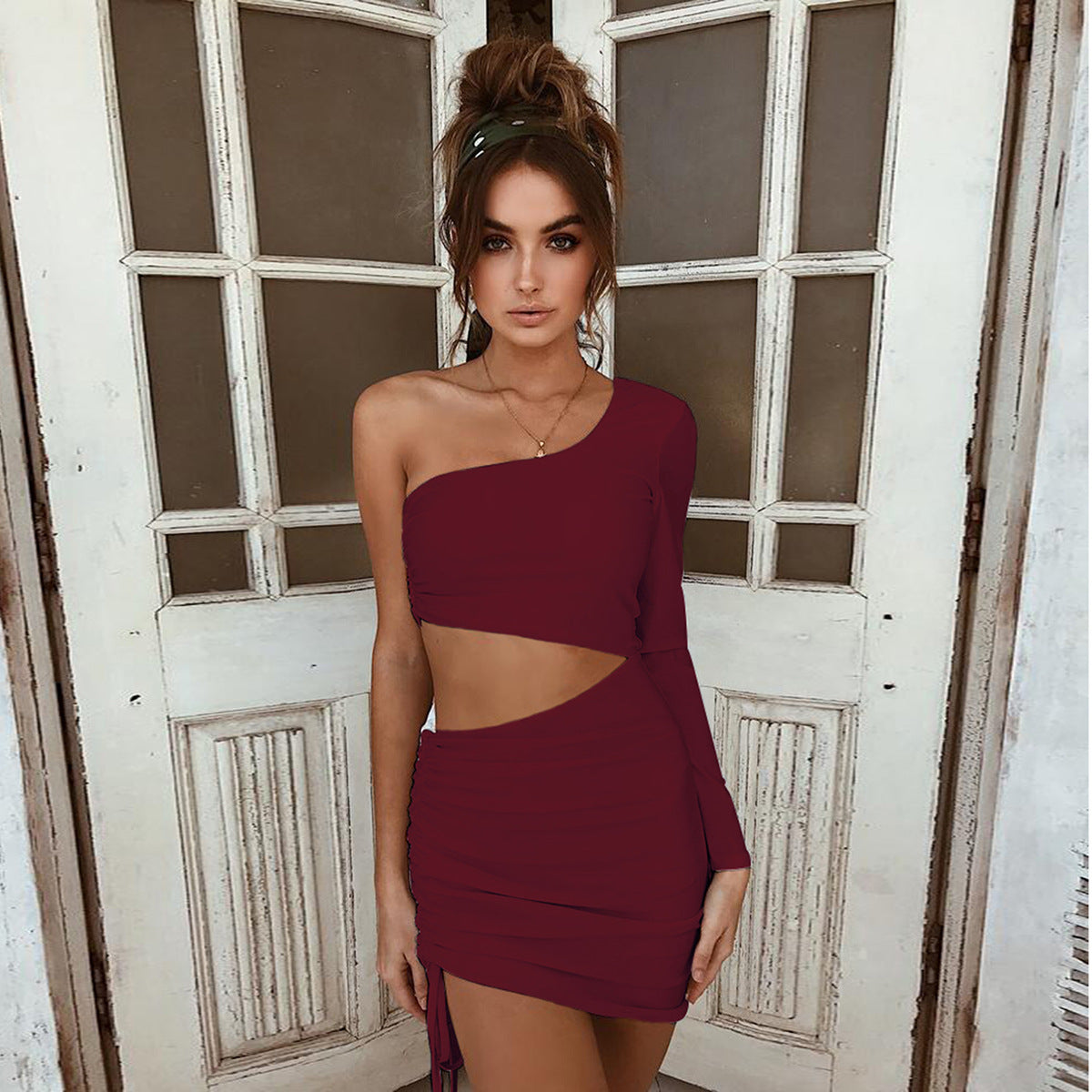 European and American summer new women's clothing dress sexy drawstring dress shoulder long sleeve ebay Amazon hip skirt