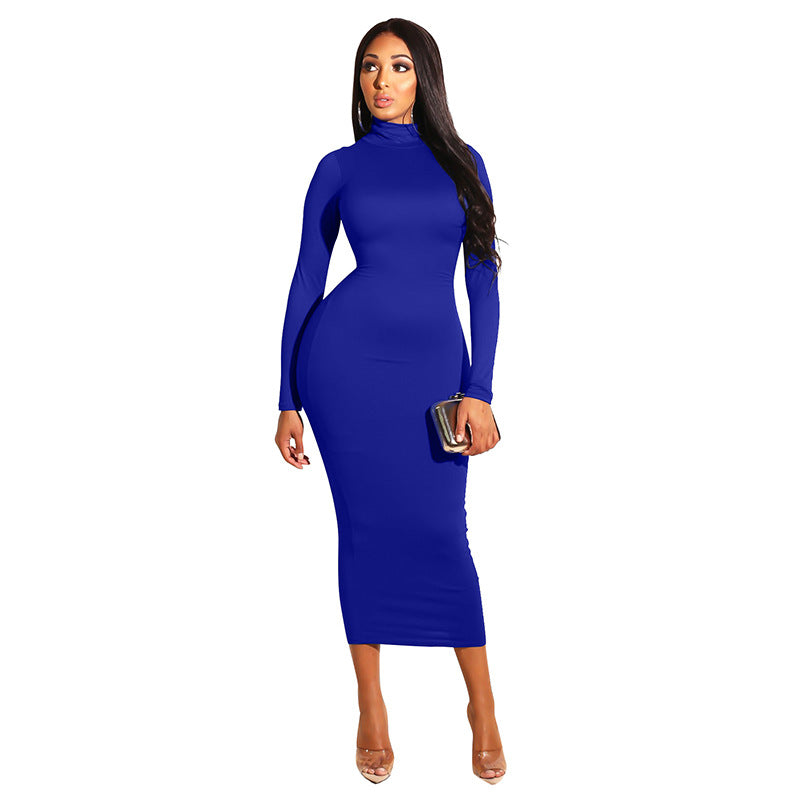 Amazon European and American style dress fall New long dress sexy turtleneck dress plus size hip-wrapped skirt