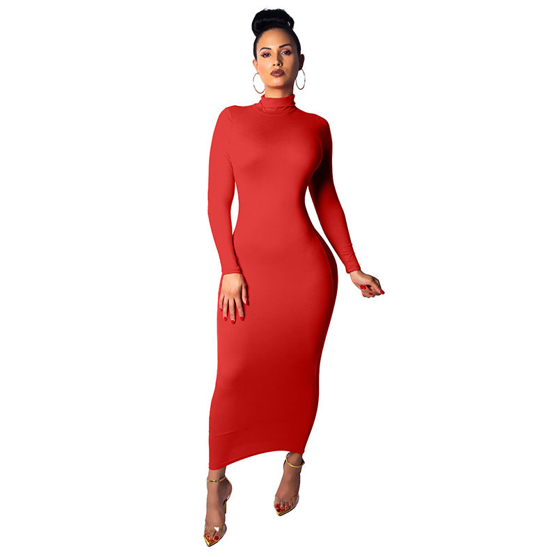 Amazon European and American style dress fall New long dress sexy turtleneck dress plus size hip-wrapped skirt
