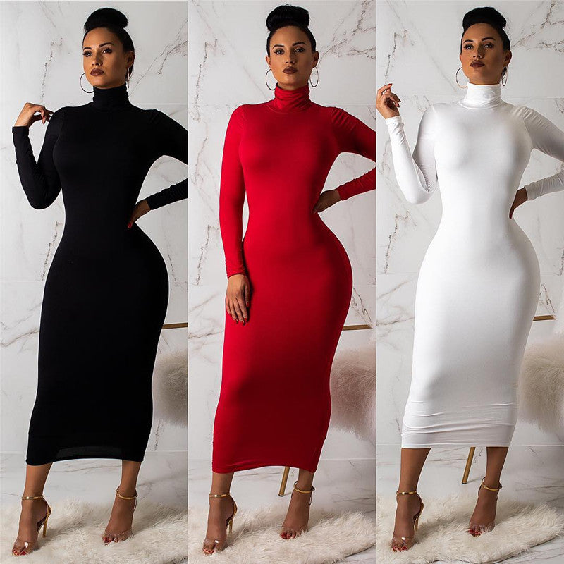 Amazon European and American style dress fall New long dress sexy turtleneck dress plus size hip-wrapped skirt