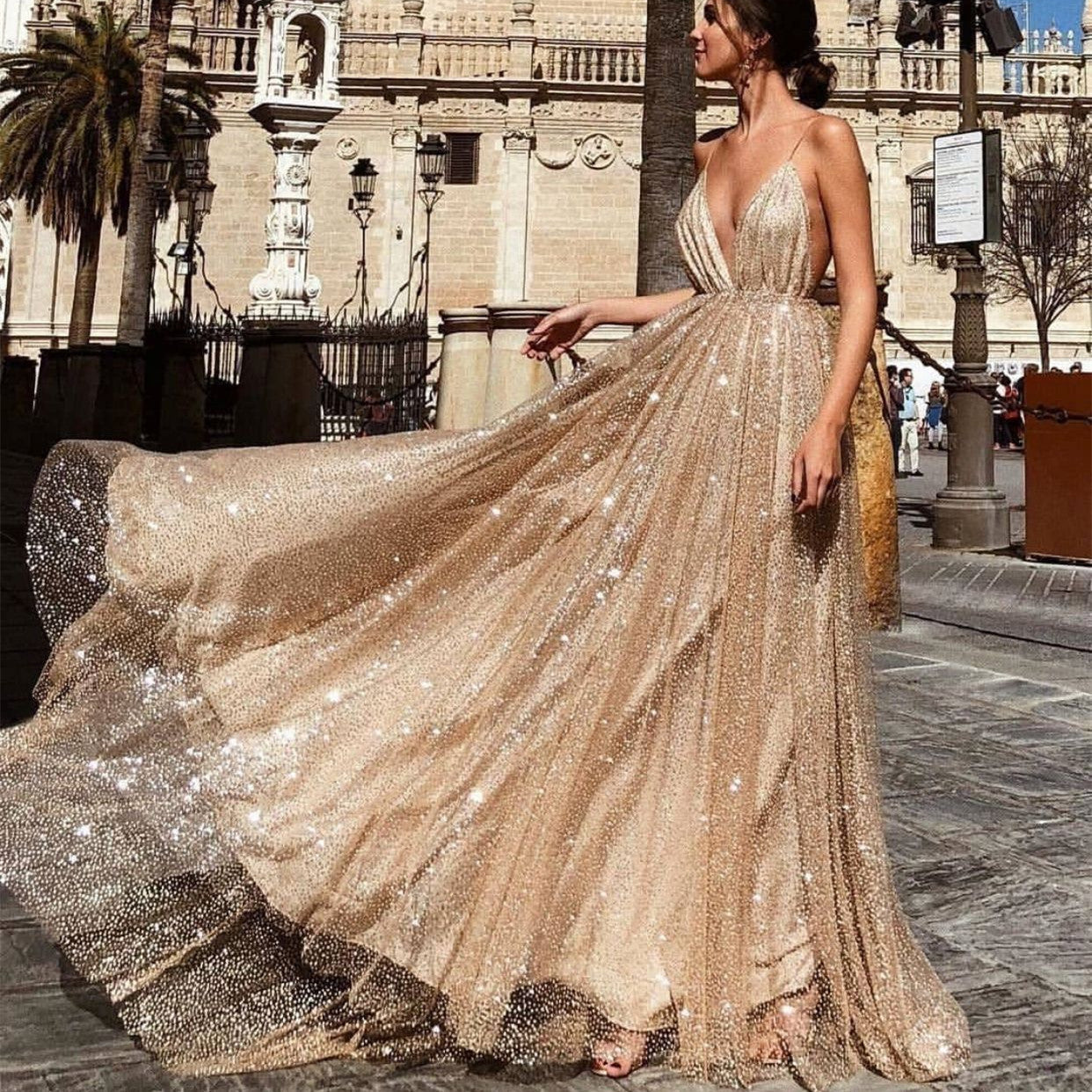 European and American Foreign trade new dress wish Amazon hot sexy V-neck strap sequins dress dress long dress