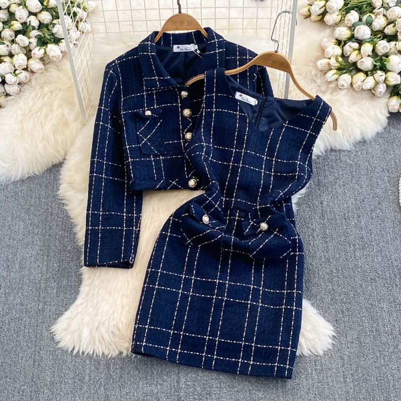 Long-Sleeve Tweed Jacket Two-Piece Set