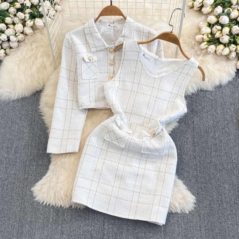 Long-Sleeve Tweed Jacket Two-Piece Set