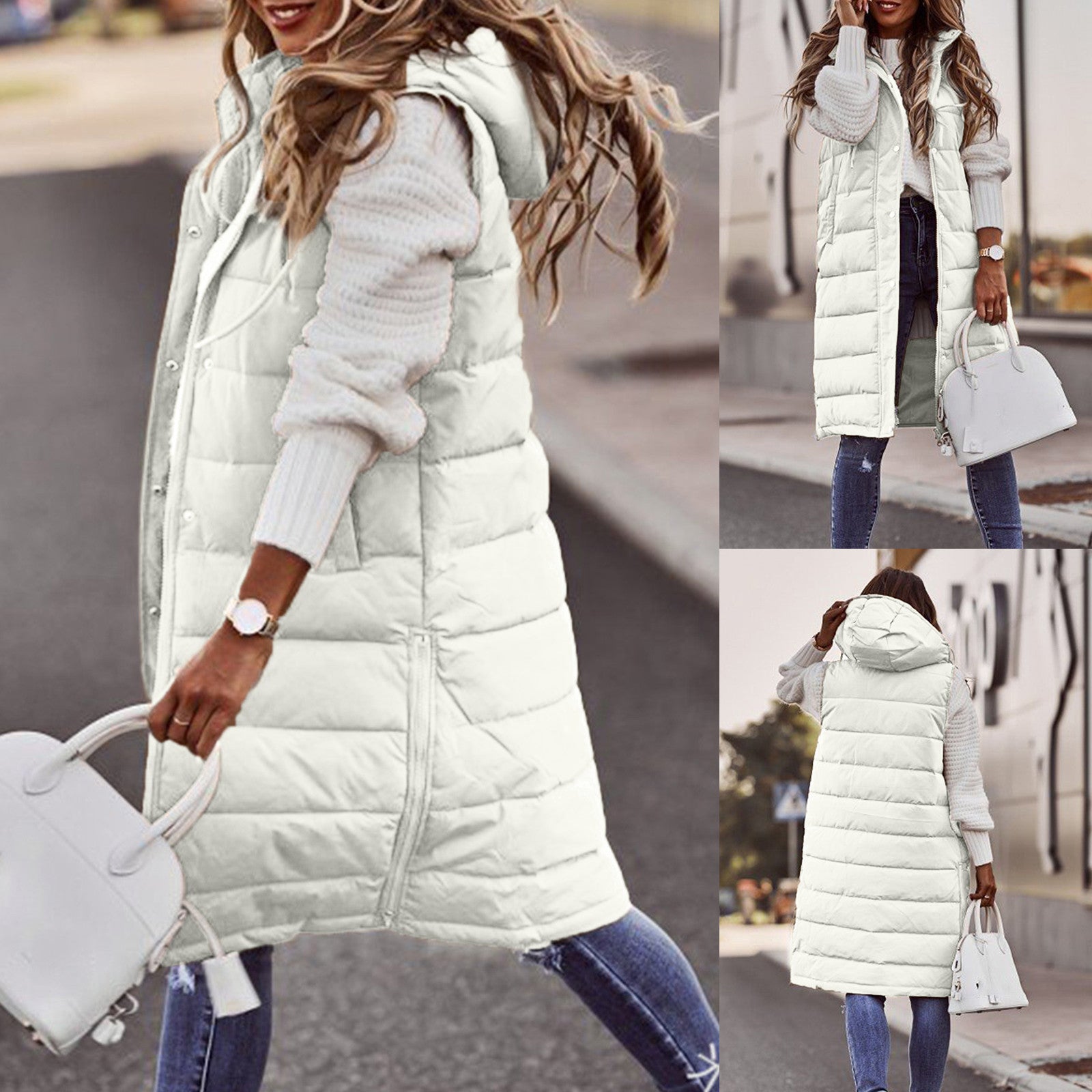 Hooded Mid-length Vest Cotton-padded Jacket