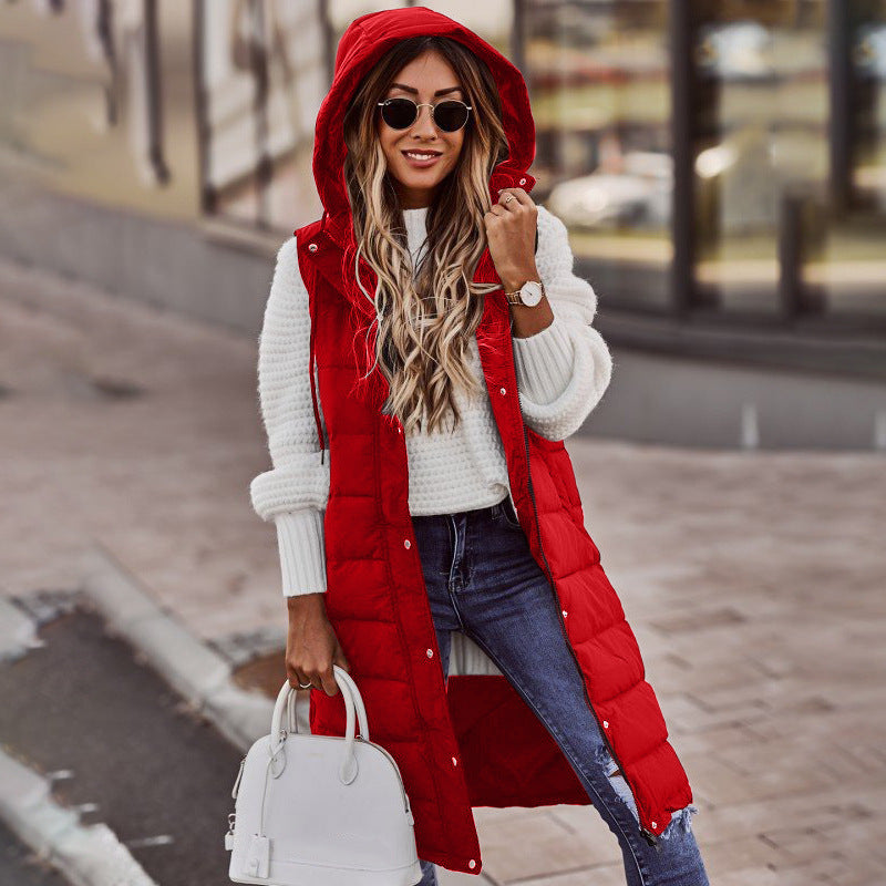 Hooded Mid-length Vest Cotton-padded Jacket