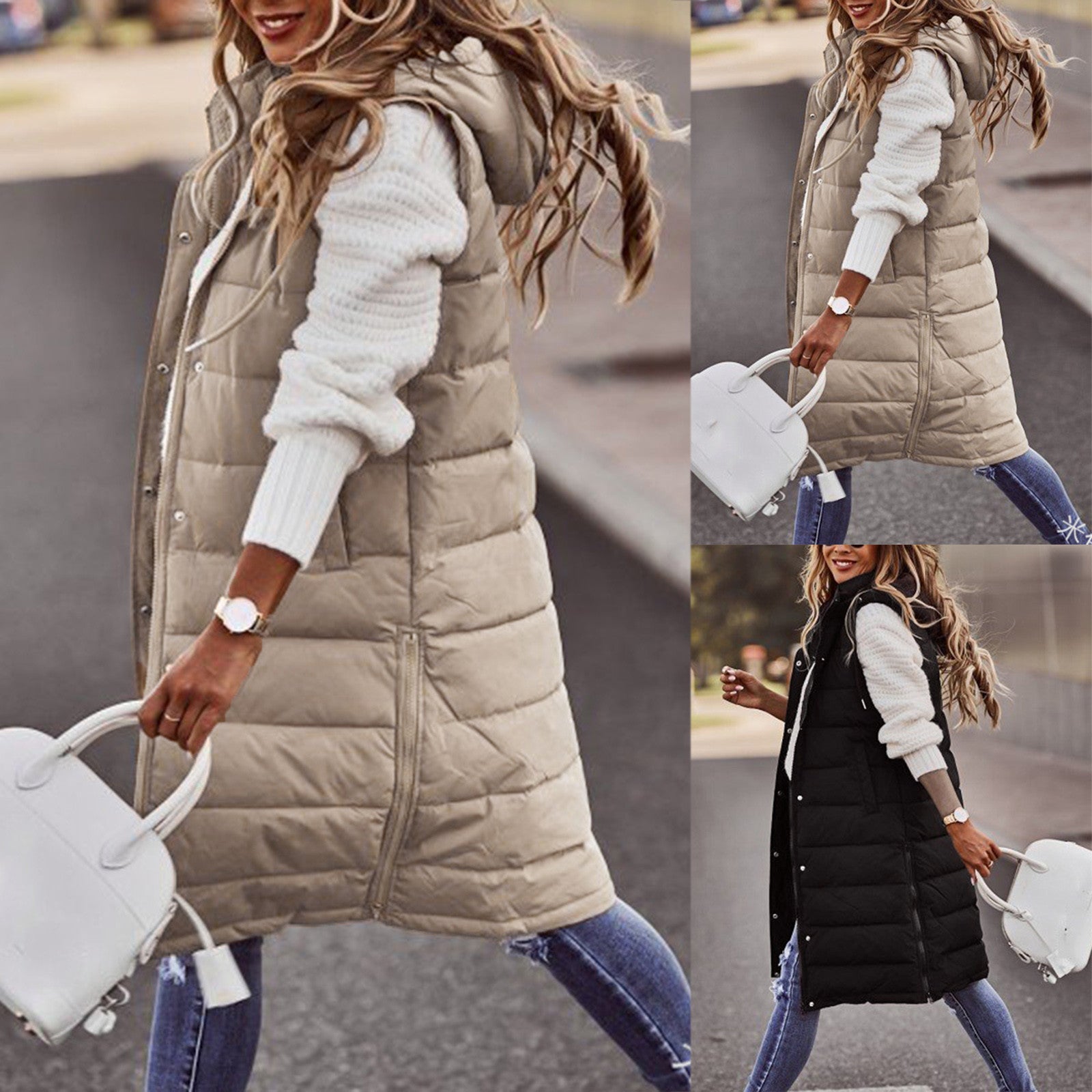 Hooded Mid-length Vest Cotton-padded Jacket