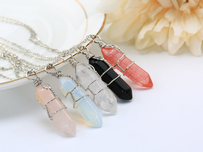 欧美外贸 水晶吊坠绕线水晶石六角柱吊坠项链短链