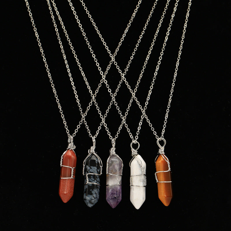 欧美外贸 水晶吊坠绕线水晶石六角柱吊坠项链短链