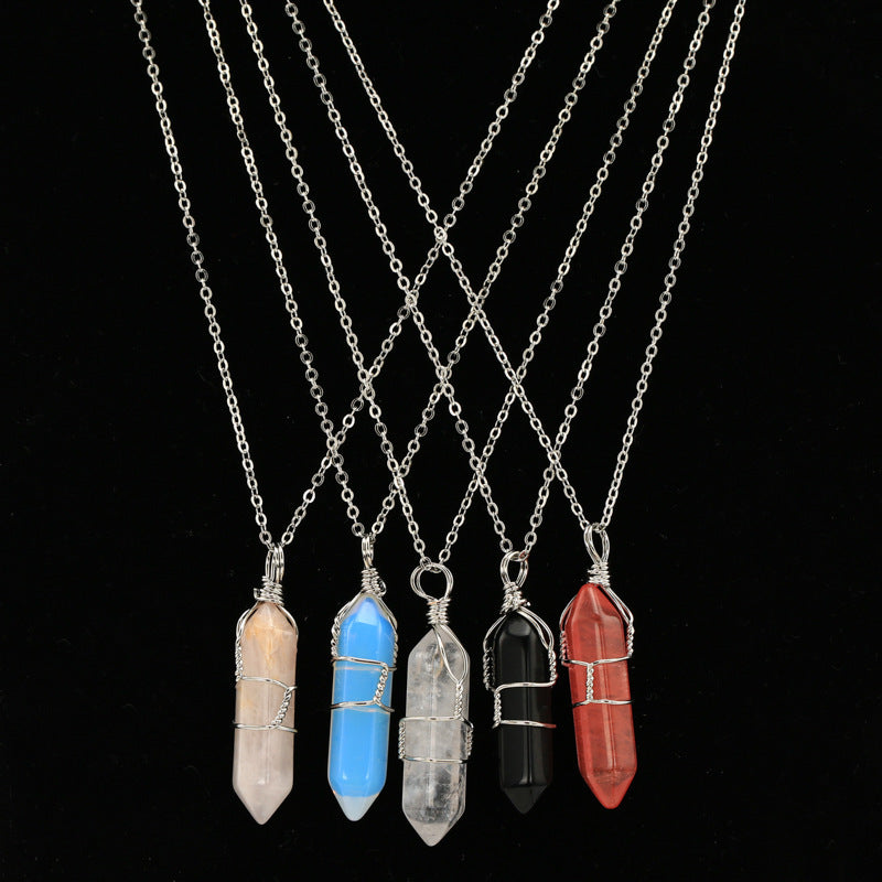 欧美外贸 水晶吊坠绕线水晶石六角柱吊坠项链短链