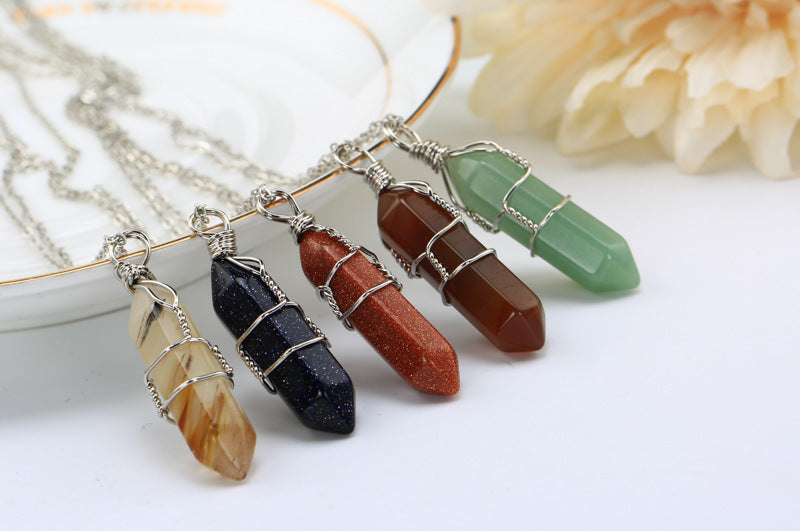 欧美外贸 水晶吊坠绕线水晶石六角柱吊坠项链短链