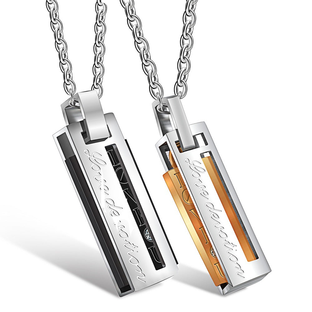 Amazon jewelry wholesale creative fashion rectangular pendant diamond titanium steel couple's pendant necklace