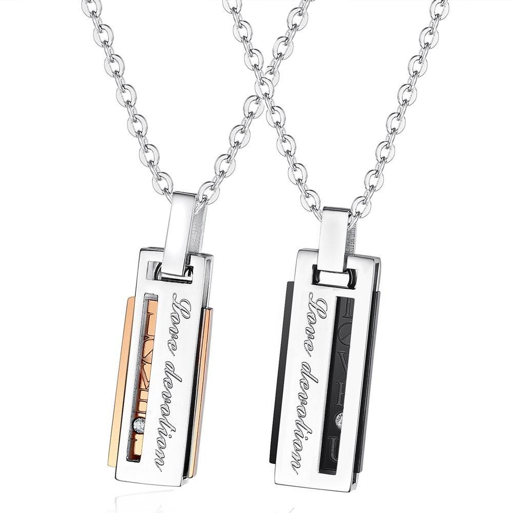 Amazon jewelry wholesale creative fashion rectangular pendant diamond titanium steel couple's pendant necklace