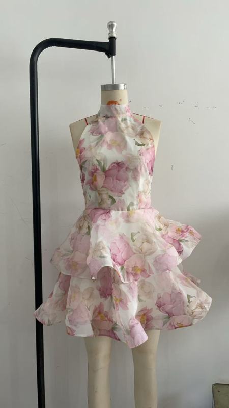 Women's Fashion Printed Sexy Halter Backless Mini Dress