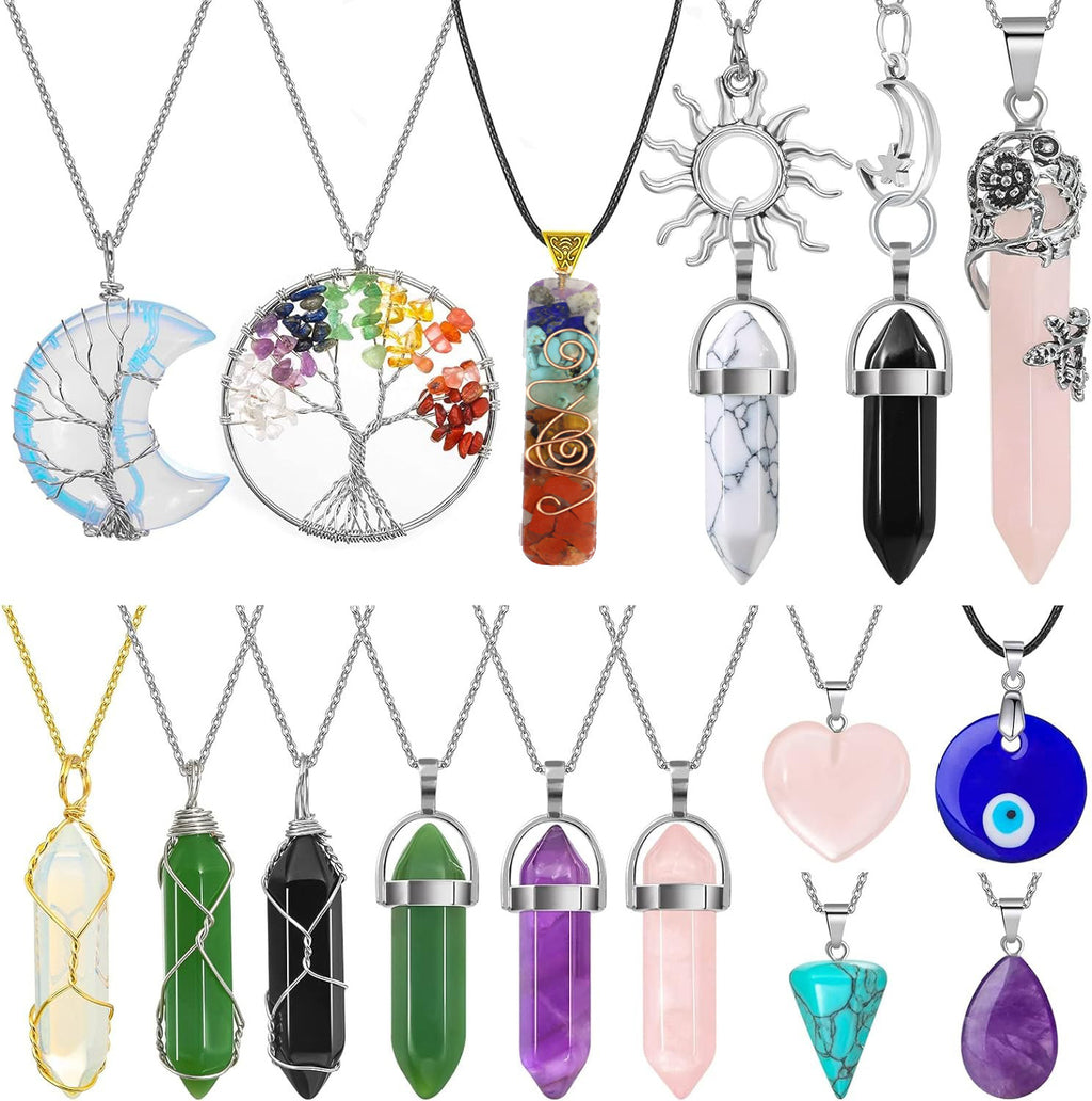 16pc crystal pendant necklace amethyst hexagon prism evil eyes braided winding tree of life pendant necklace