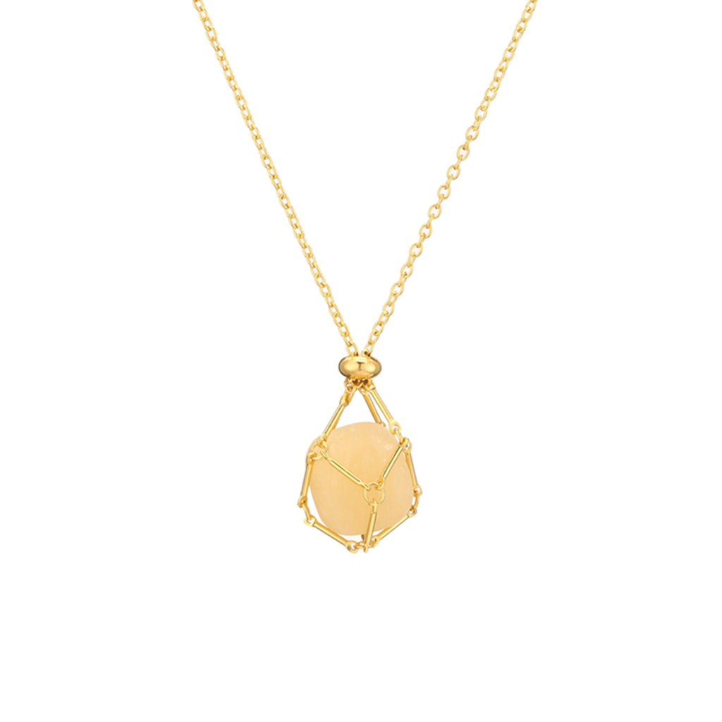 Gold natural crystal stone mesh bag metal bamboo necklace braiding pendant adjustable chain pendant mesh bag
