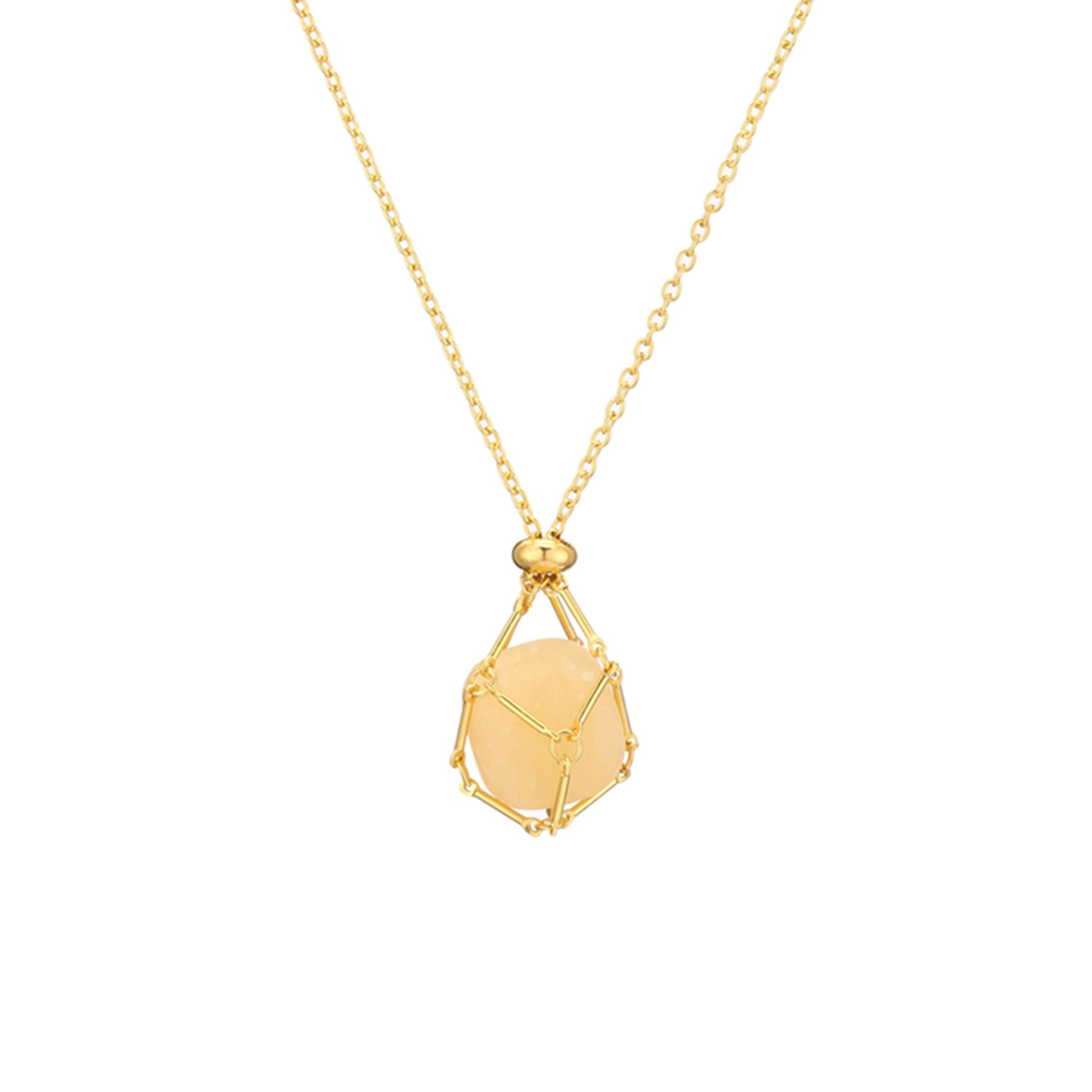 Gold natural crystal stone mesh bag metal bamboo necklace braiding pendant adjustable chain pendant mesh bag