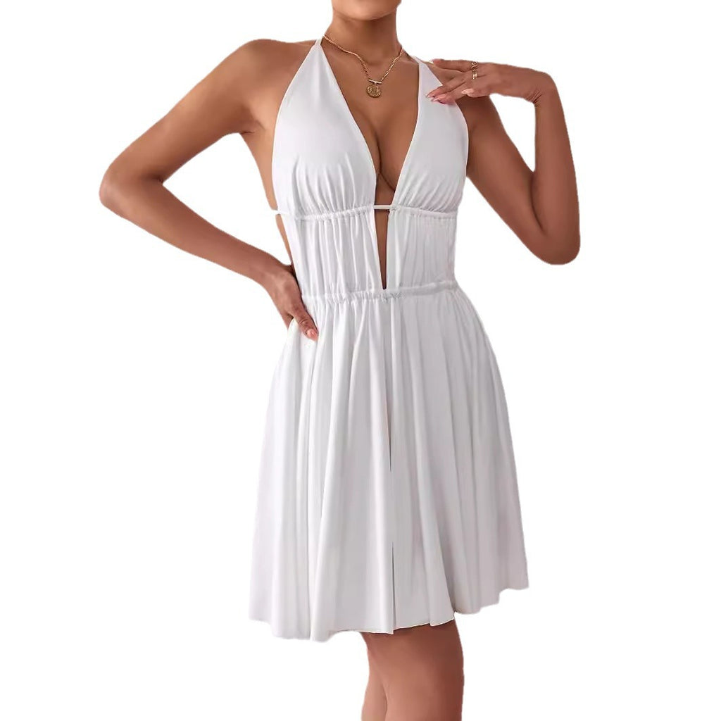 2025 Europe and America cross border new deep V strap dress European and American sexy halter lace-up backless dress dress skirt