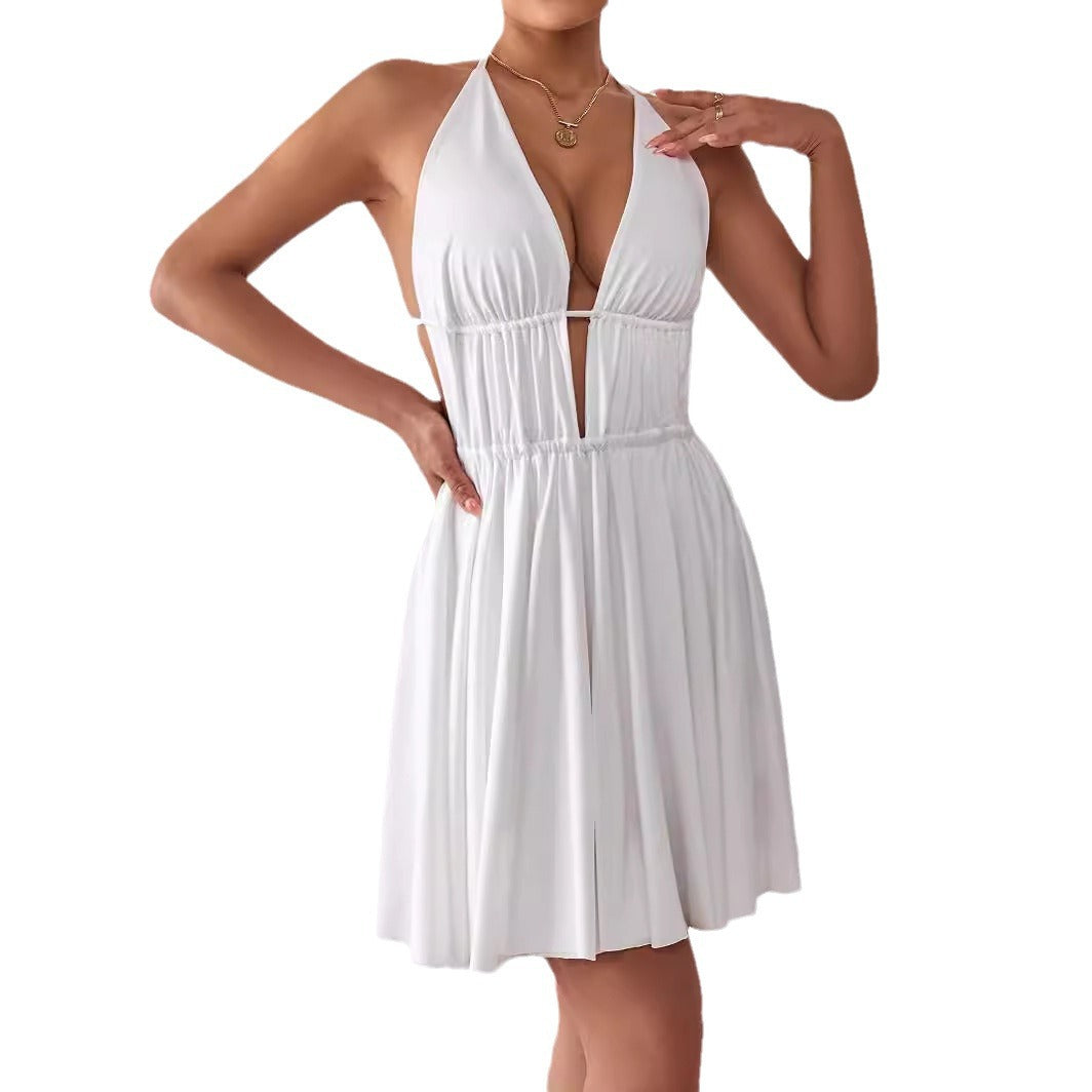 2025 Europe and America cross border new deep V strap dress European and American sexy halter lace-up backless dress dress skirt