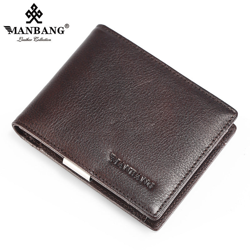 Cross-border delivery Manbang men's stainless steel banknote clip brushed top layer cowhide anti-theft swiping multi-card-slot wallet
