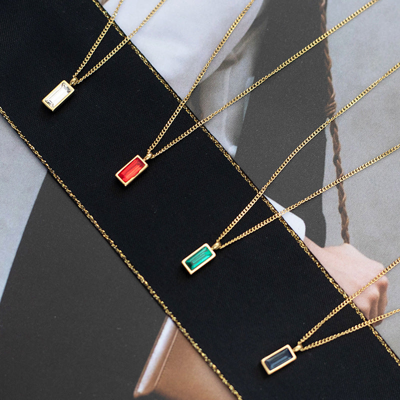Emerald zircon necklace rectangular pendant titanium steel clavicle chain 18k simple pendant necklace female live wholesale