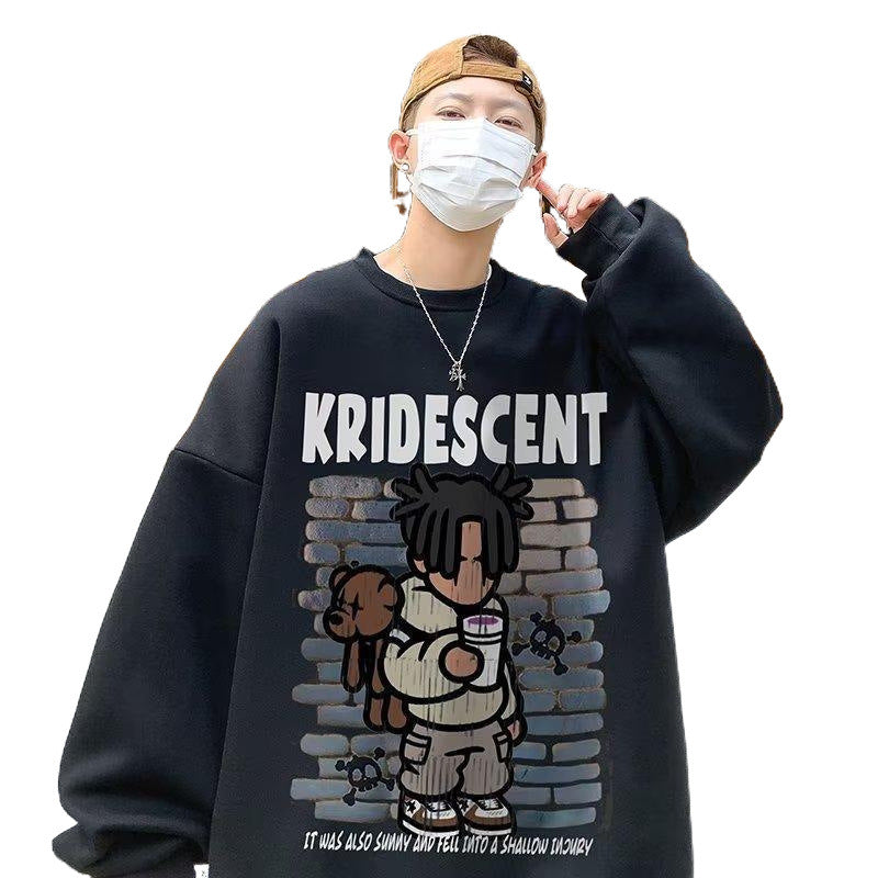 Cartoon print sweatshirt men's 2024 spring and autumn Korean new round neck loose top chic Hong Kong style trendy