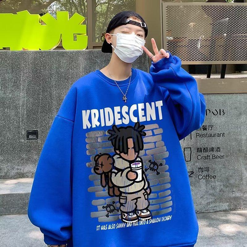 Cartoon print sweatshirt men's 2024 spring and autumn Korean new round neck loose top chic Hong Kong style trendy