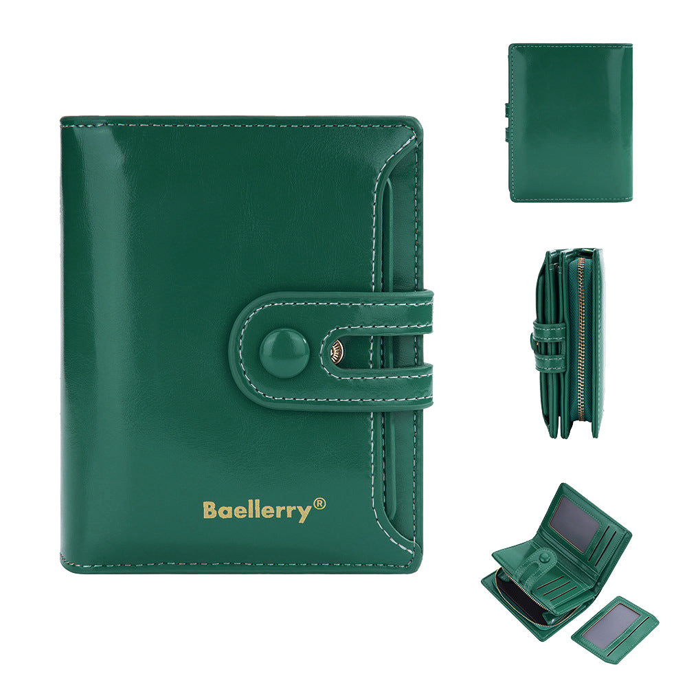 baellerry new women's short wallet glossy oil wax leather multiple card slots zipper coin purse all-matching wallet