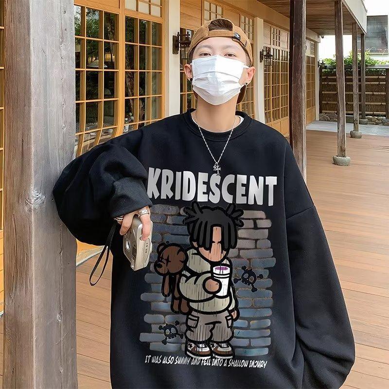 Cartoon print sweatshirt men's 2024 spring and autumn Korean new round neck loose top chic Hong Kong style trendy