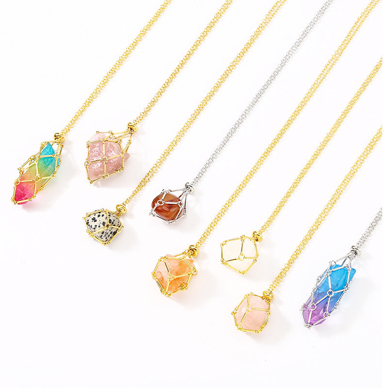 Gold natural crystal stone mesh bag metal bamboo necklace braiding pendant adjustable chain pendant mesh bag