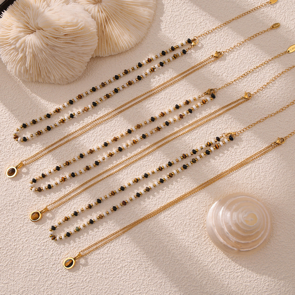 Tiger Eye Oval Pendant Double Layer Titanium Steel Necklace for Women