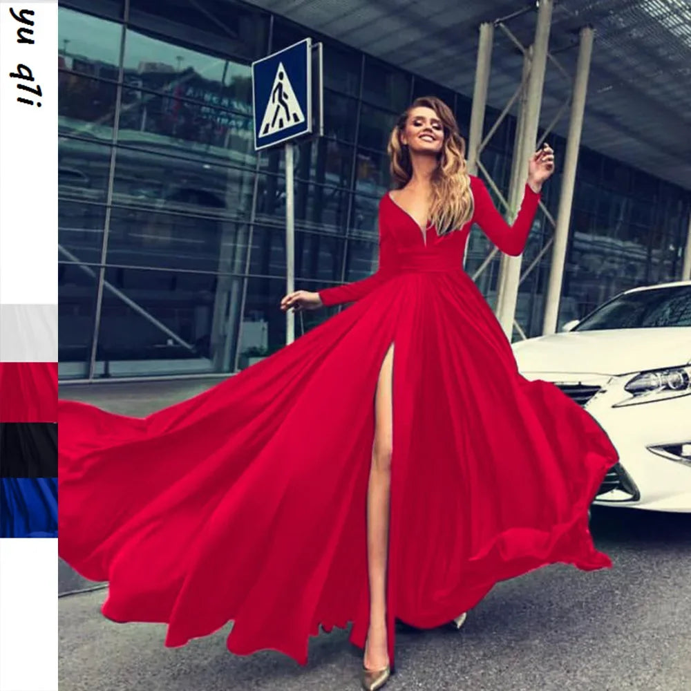 2025 European and American Foreign trade hot wheat new dress ebay Amazon milk silk sexy deep V long sleeve dress