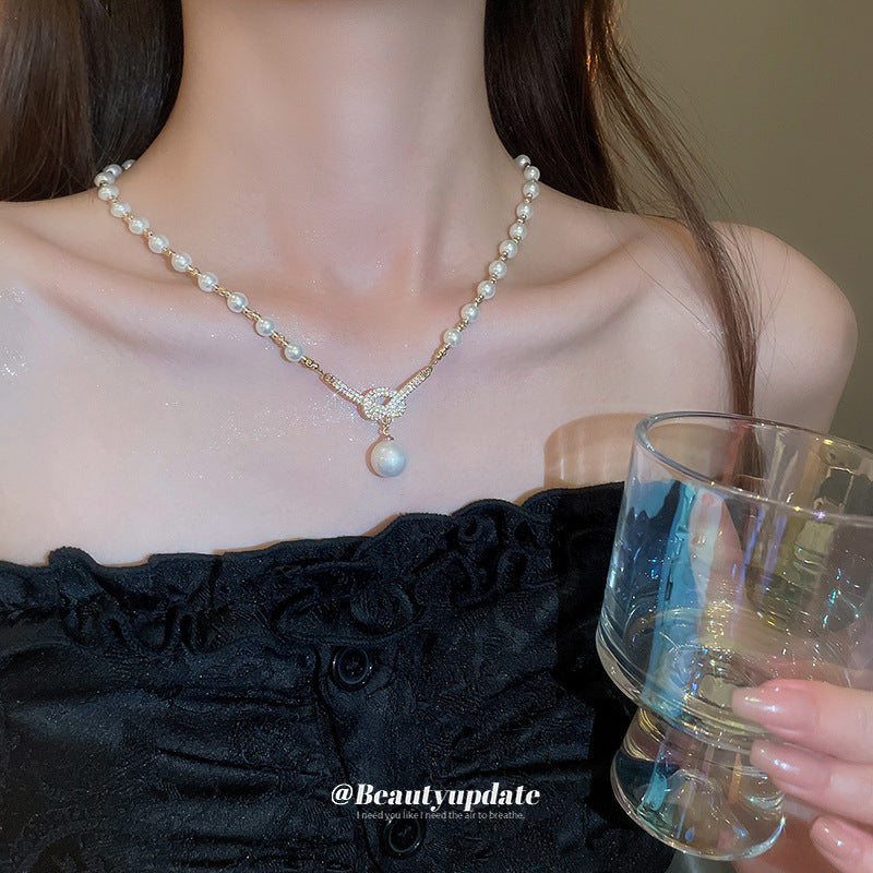 Gold Plated Pearl Zircon Knot Pendant Necklace