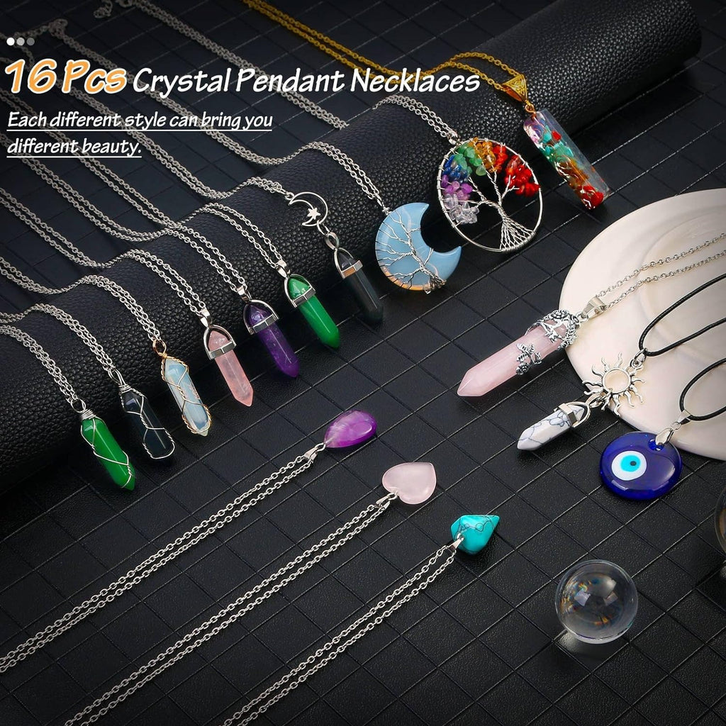 16pc crystal pendant necklace amethyst hexagon prism evil eyes braided winding tree of life pendant necklace