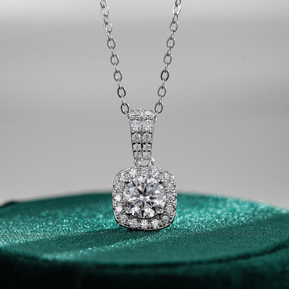 925 pure silver pendant 1 karat chic diamond necklace silver pendant Women's Classic square bag pendant ornaments live supply