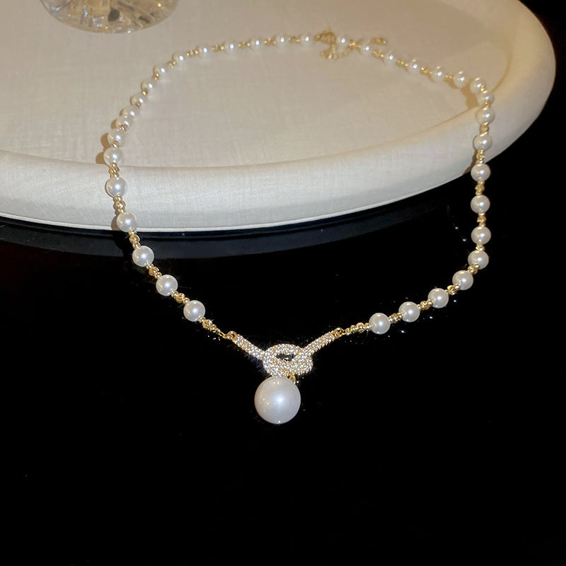 Gold Plated Pearl Zircon Knot Pendant Necklace