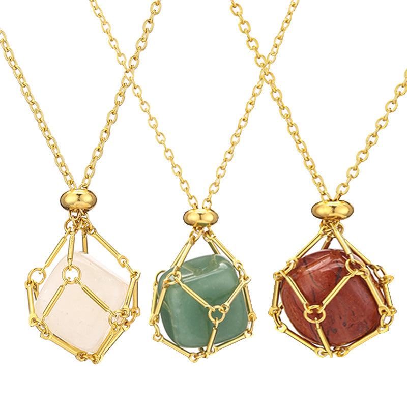 Gold natural crystal stone mesh bag metal bamboo necklace braiding pendant adjustable chain pendant mesh bag