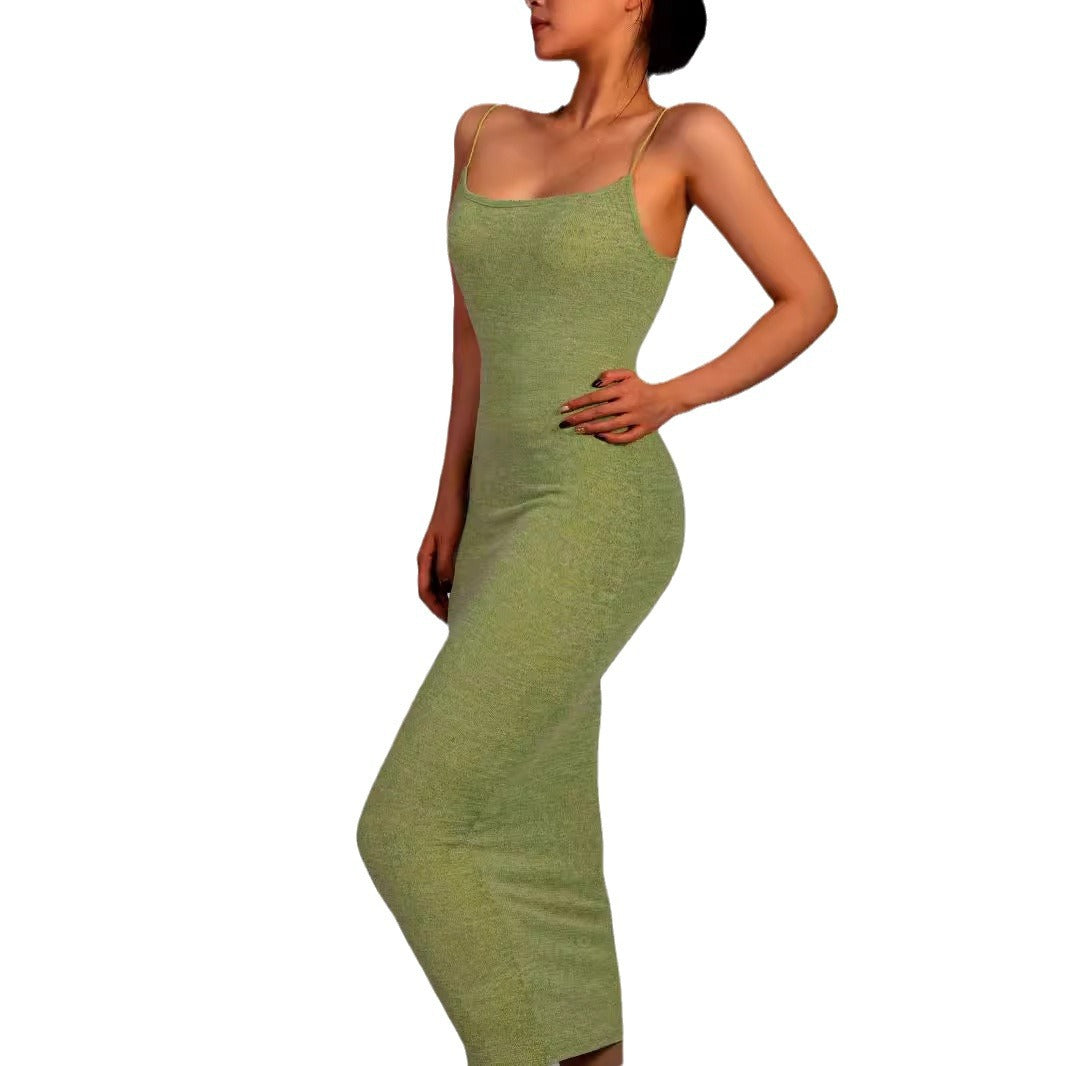 Summer new solid color women's slim fit dress round neck hip spaghetti straps European and American style hot girl sexy dress women