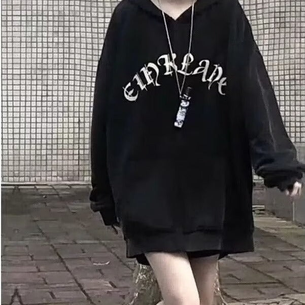 American retro hooded brushed hoody female winter skull print special-interest fashion brand couple's tops black plus Velvet