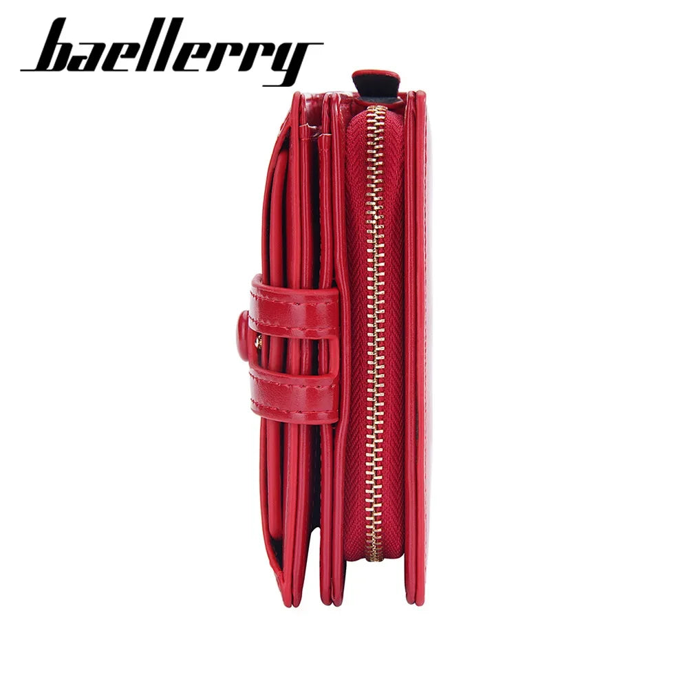 baellerry new women's short wallet glossy oil wax leather multiple card slots zipper coin purse all-matching wallet