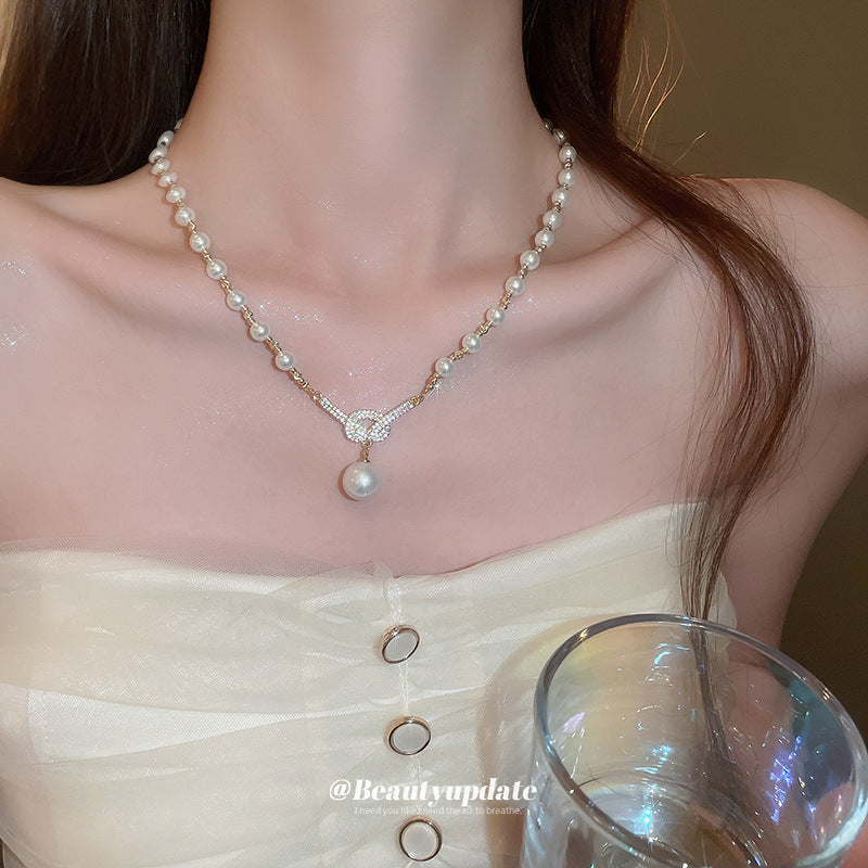 Gold Plated Pearl Zircon Knot Pendant Necklace