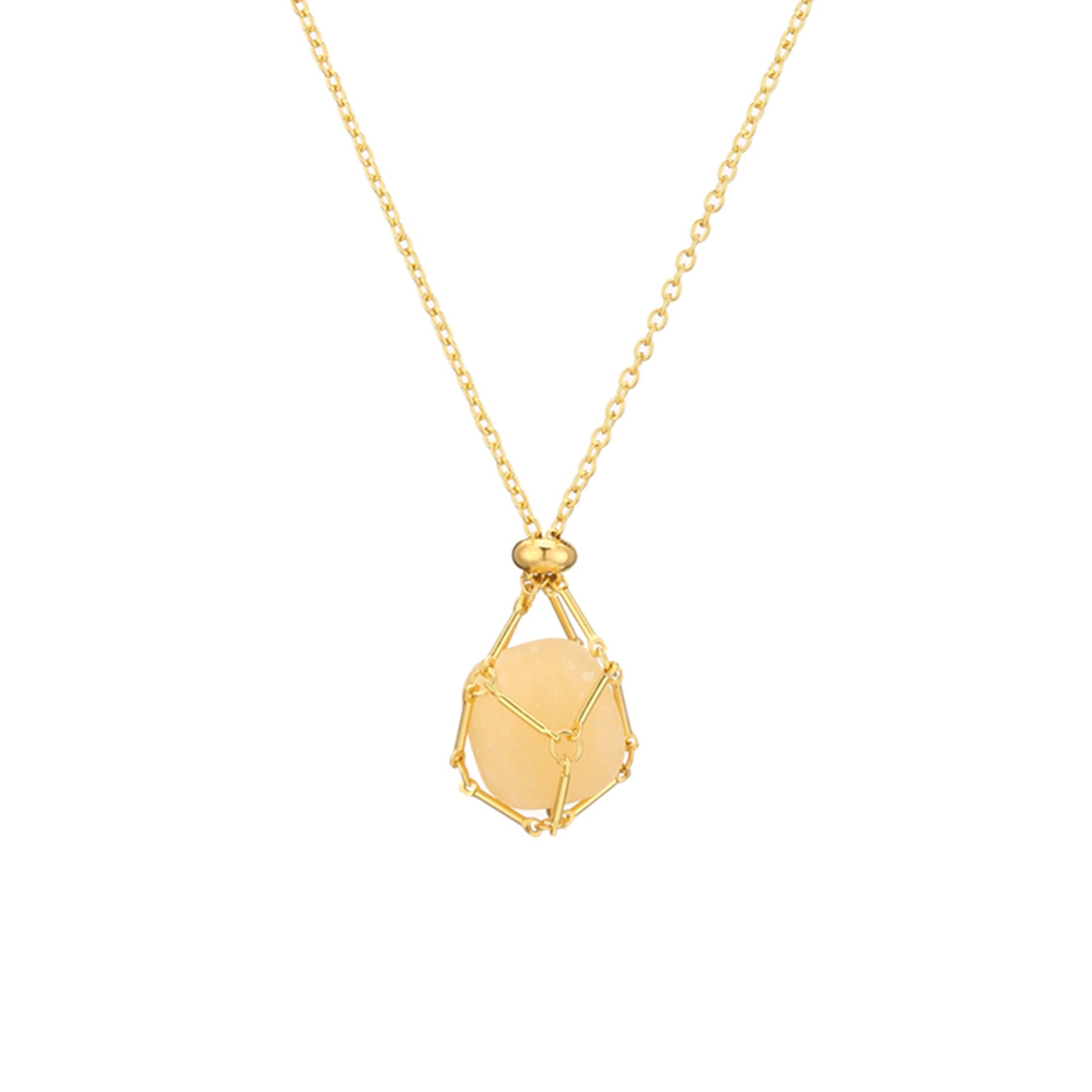 Gold natural crystal stone mesh bag metal bamboo necklace braiding pendant adjustable chain pendant mesh bag
