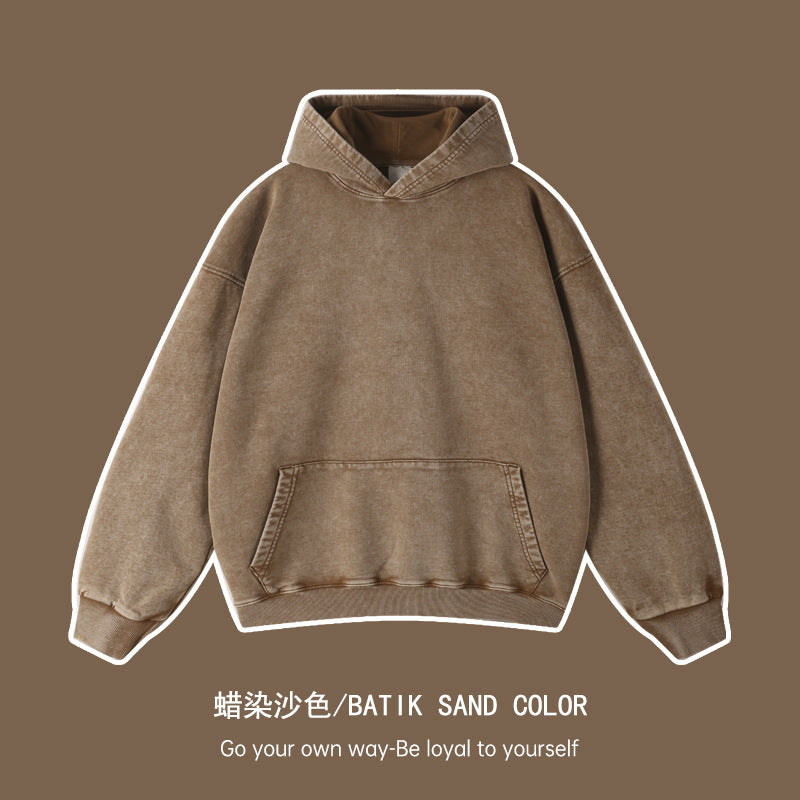 Cross-border heavy cotton vintage batik distressed washed hooded sweater men and women loose American fashion brand sweater customization