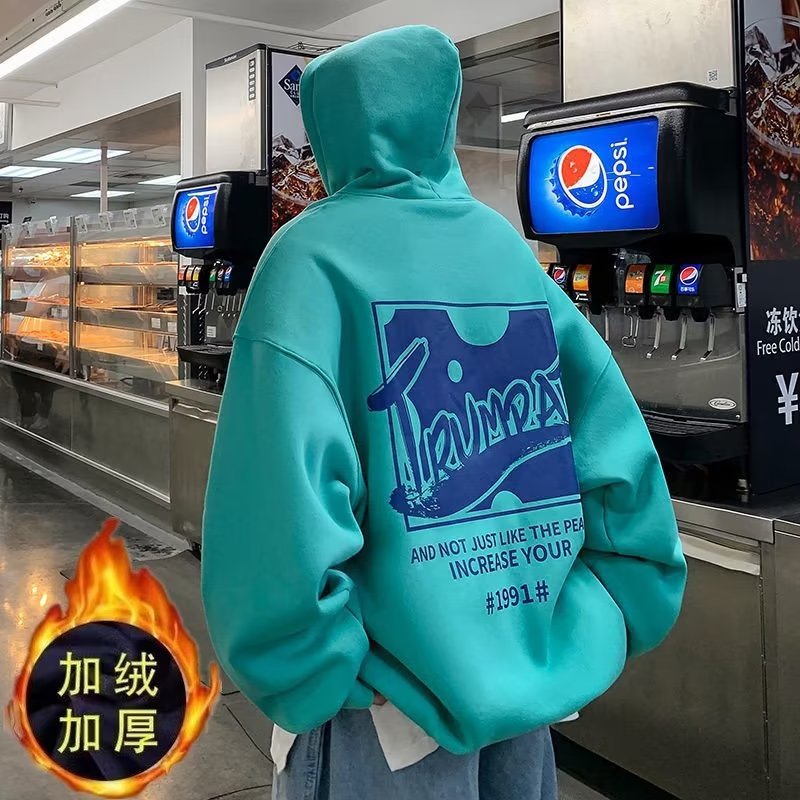 Fleece-lined thickened men's sweater new national fashion high street hip hop hoodie clothes autumn and winter loose trendy coat