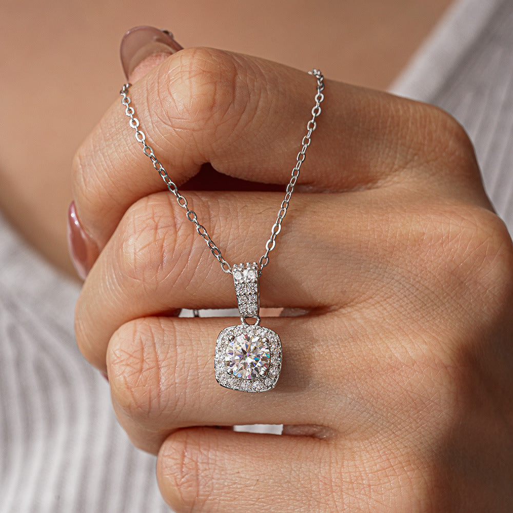 925 pure silver pendant 1 karat chic diamond necklace silver pendant Women's Classic square bag pendant ornaments live supply