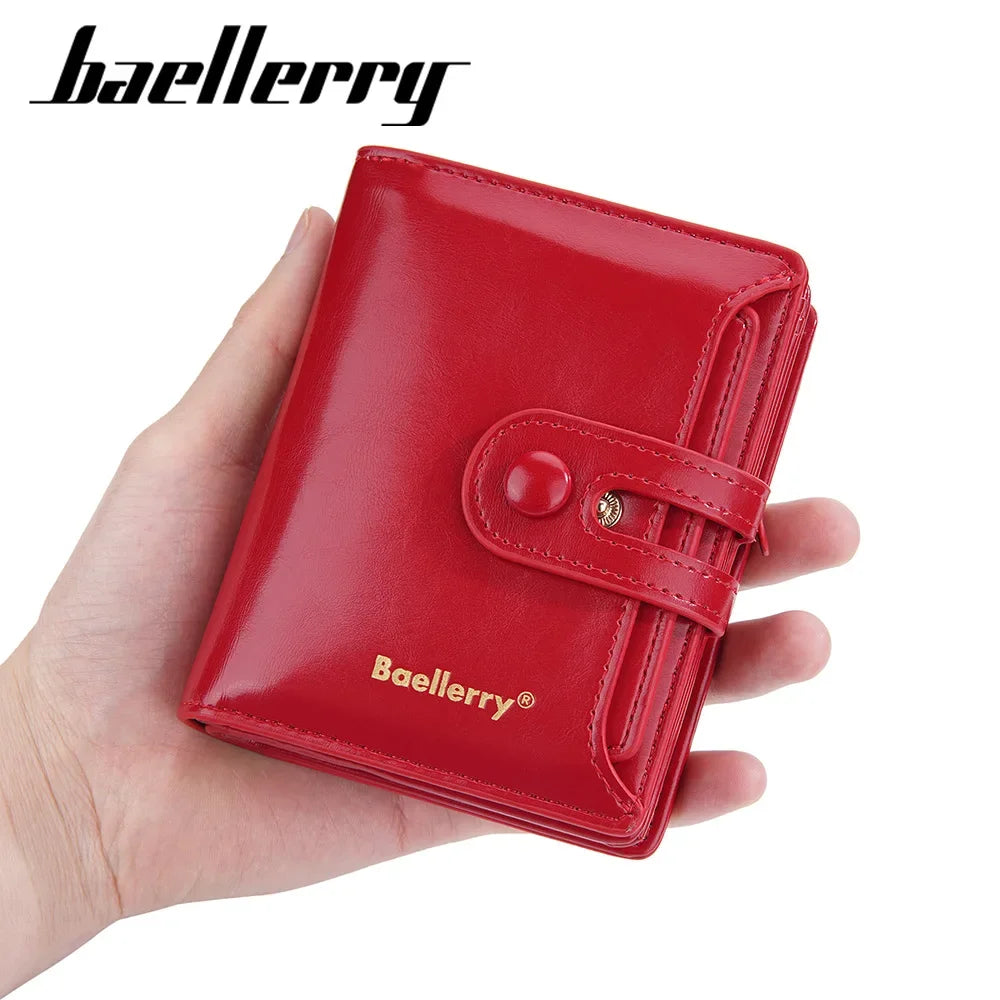 baellerry new women's short wallet glossy oil wax leather multiple card slots zipper coin purse all-matching wallet
