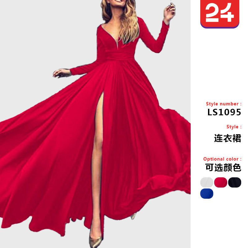 2025 European and American Foreign trade hot wheat new dress ebay Amazon milk silk sexy deep V long sleeve dress