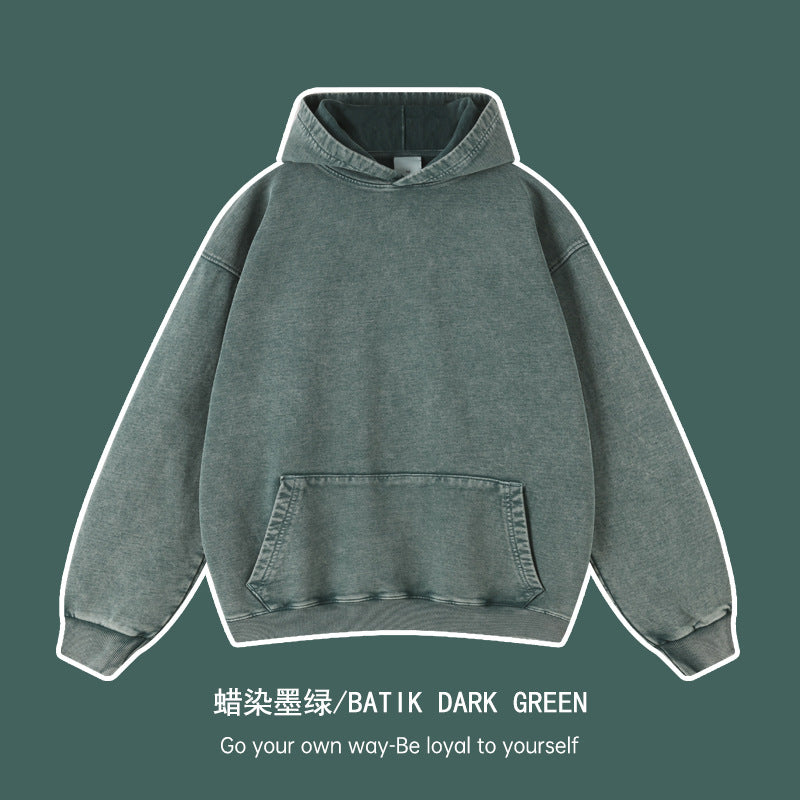 Cross-border heavy cotton vintage batik distressed washed hooded sweater men and women loose American fashion brand sweater customization