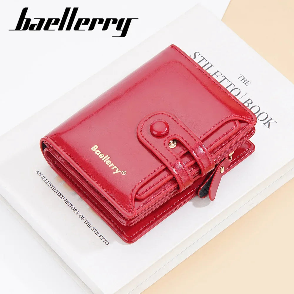baellerry new women's short wallet glossy oil wax leather multiple card slots zipper coin purse all-matching wallet
