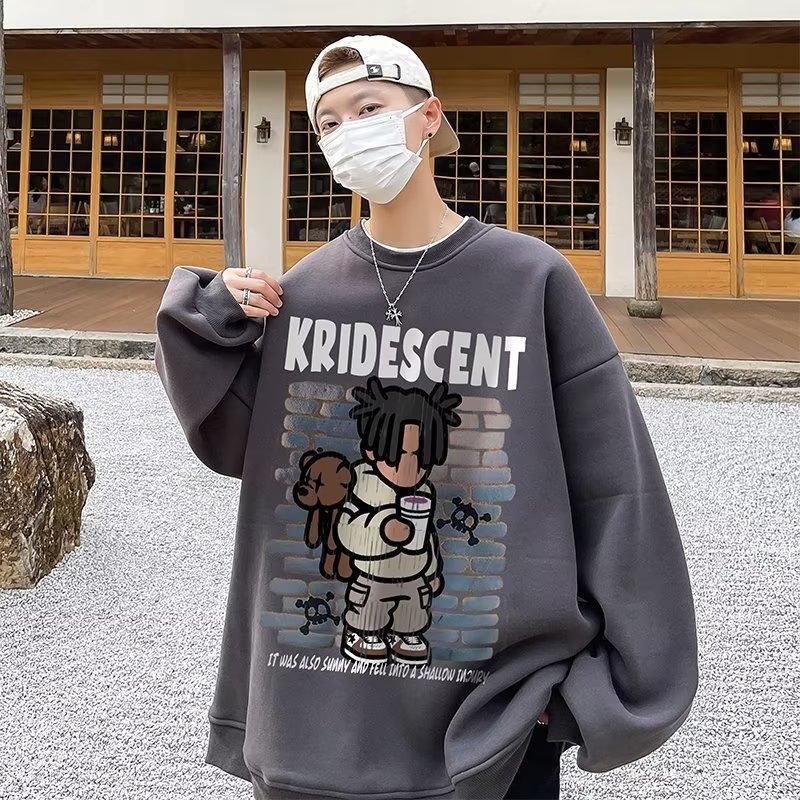 Cartoon print sweatshirt men's 2024 spring and autumn Korean new round neck loose top chic Hong Kong style trendy