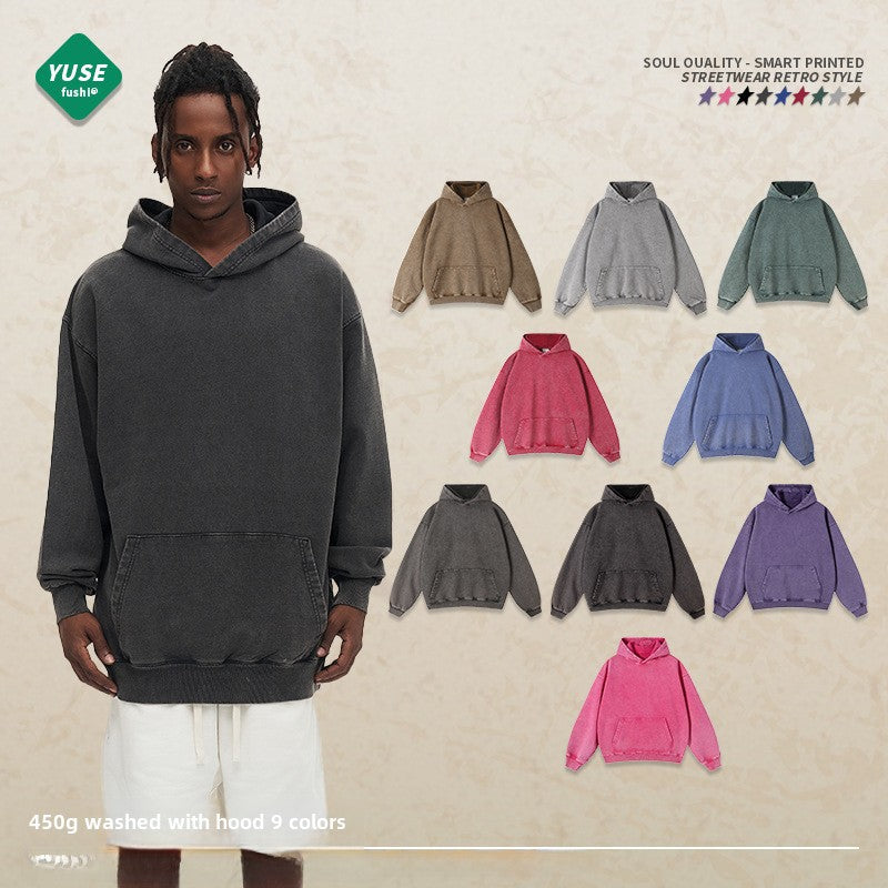 Cross-border heavy cotton vintage batik distressed washed hooded sweater men and women loose American fashion brand sweater customization